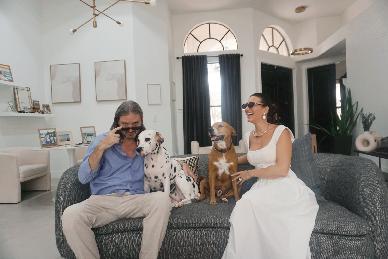 Patrick and Sarah at home with their two dogs